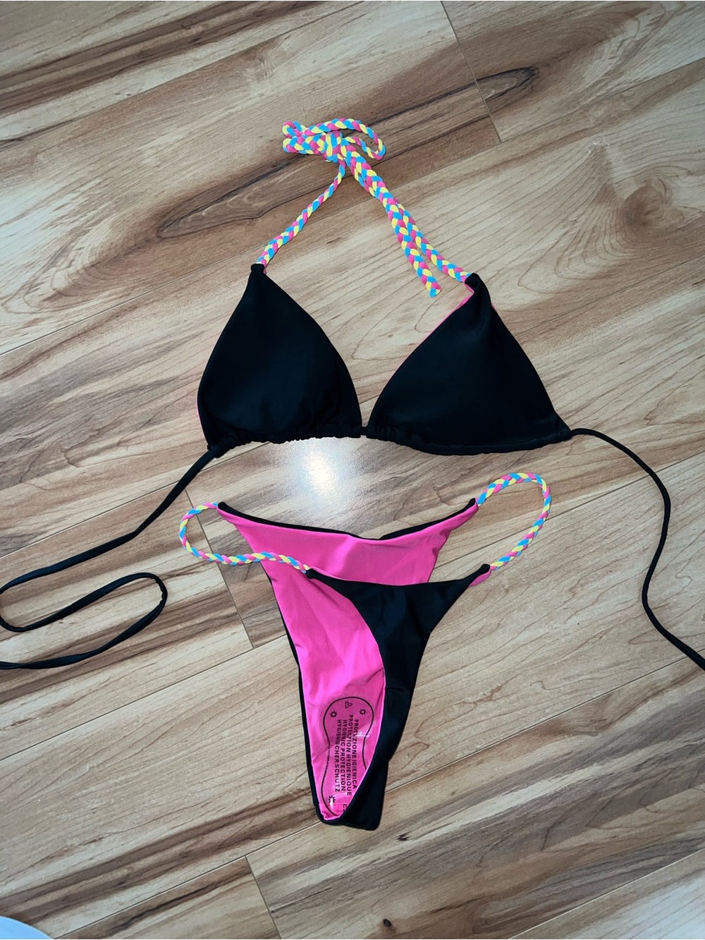 Black and Pink Triangle Bikini with Multicolor Braided Straps